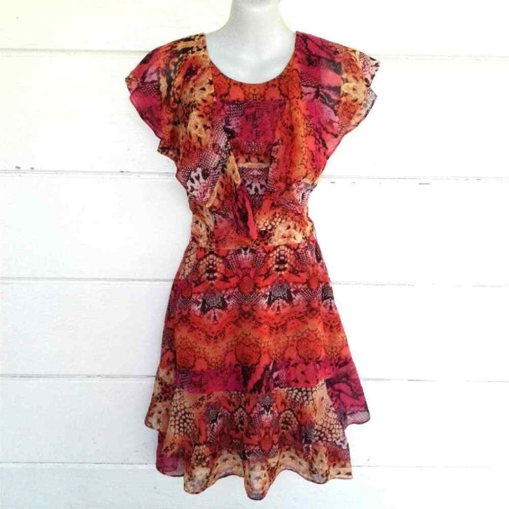 Women's Orange Chiffon Fit & Flare Dress Ruffles Sheer Pockets Size Medium